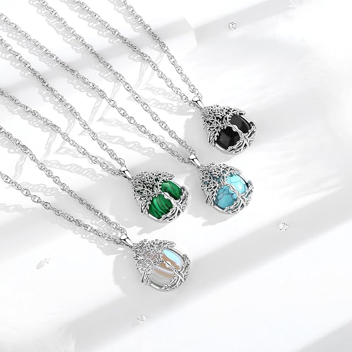 Vito Tree of Life Necklace for Women Men, Silver Plated Copper Teardrop Moonstone/Obsidian/Turquoise/Amethyst/Malachite Crystal Tree Necklace Protection Energy Amulet Jewelry Gift for Mom Wife, 20+2"
