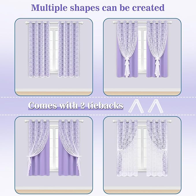 Yinhua Purple Blackout Curtains for Bedroom Double Layer Nursery Curtains for Living Room 63 Inch Length 2 Panels Set Kid Curtain with Floral Sheer Overlay, Grommet Drapes with Tiebacks, 52" W x 63" L