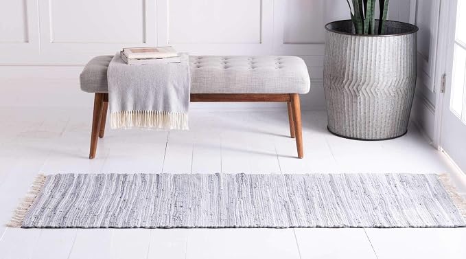 Unique Loom Chindi Cotton Collection Soft Hand Woven Natural Fiber Striped Area Rug, 2 ft 7 in x 9 ft 10 in, Gray/Ivory