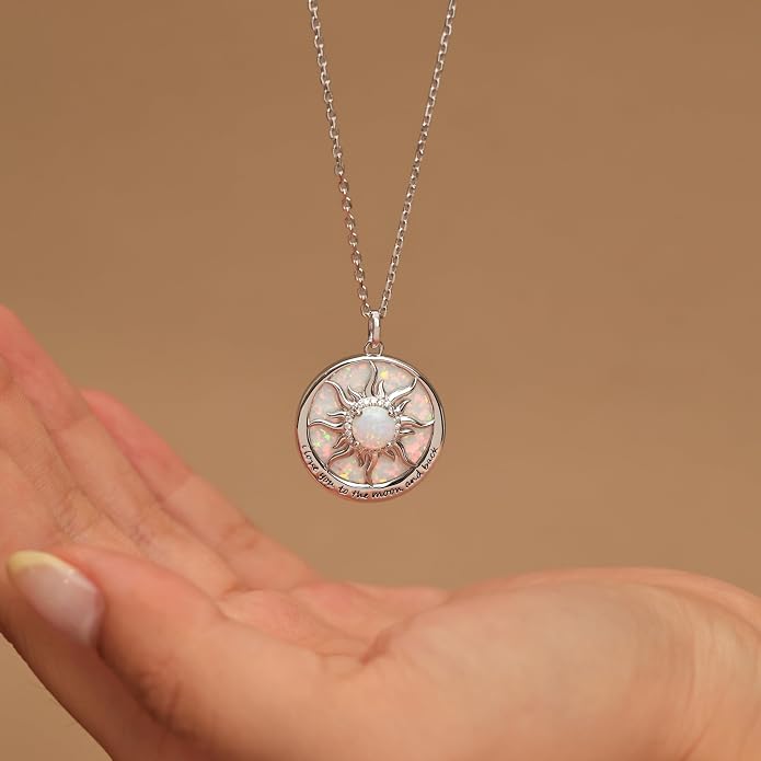 FANCIME Sunflower Necklace with Engraved Messgae 925 Sterling Silver Opal Gemstone Pendant Fine Jewelry Anniversary Birthday Gifts for Women Mom Wife Her, Chain Length 16+2 Inch