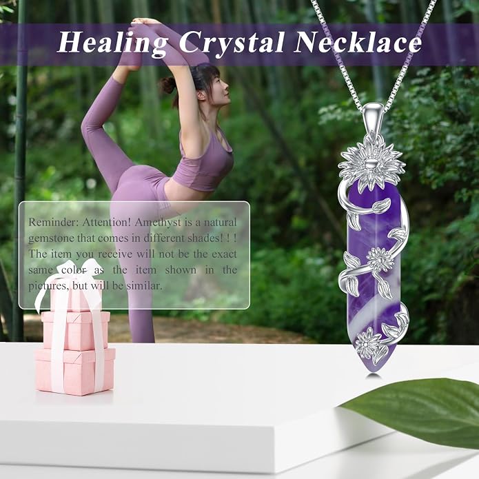 Healing Crystal Necklace 925 Sterling Silver Sunflower/Tree of Life Wrapped Pendant Reiki Energy Jewelry for Women