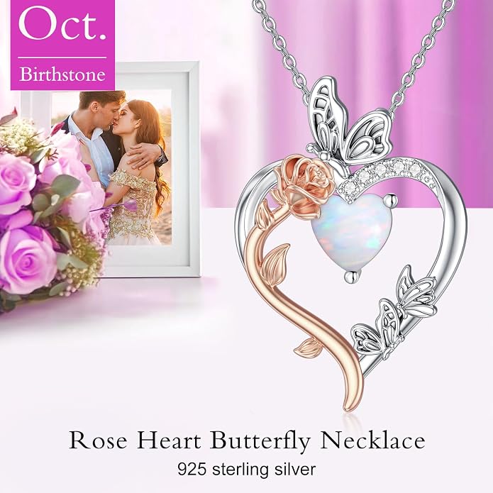 TOUPOP Rose Heart Birthstone Necklace 925 Sterling Silver Heart Butterfly Pendant Love Jewelry Birthday Gifts for Women Wife Mom Her