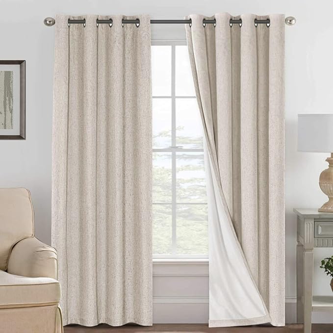 H.VERSAILTEX Linen 100% Blackout Curtains for Bedroom Light Blocking Curtains, Textured Curtains for Living Room 84 inch Grommet, White Liner Energy Efficient GRS Certified (2 Panels, Natural)
