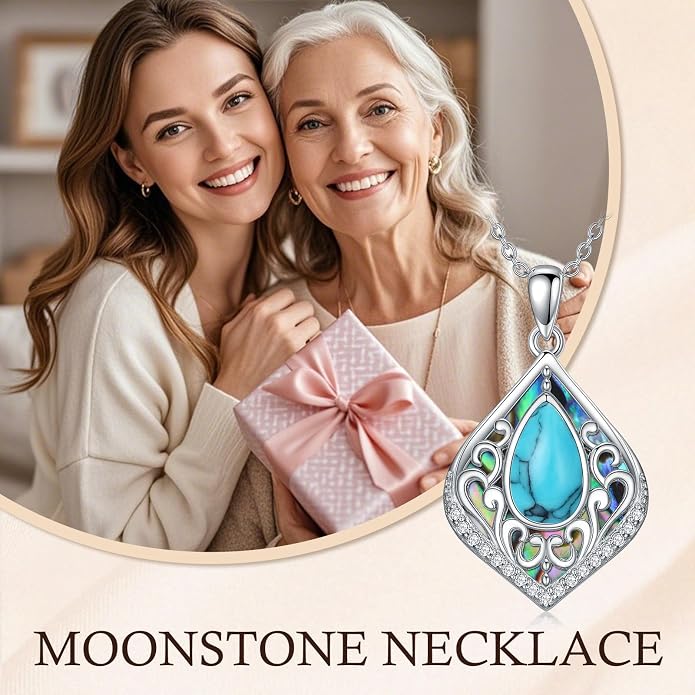 HPQQ Filigree Gemstone Necklace 925 Sterling Silver Teardrop Bohemian Necklace Abalone Shell Jewelry Birthday Gifts for Women