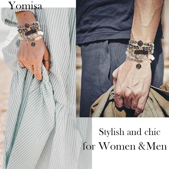 Yomisa 5PCS 6PCS Natural Boho Beaded Bracelets/Bangle for Women Men,Healing Turquoise Jasper Agate Crystal Gemstone Stone Chakra Multilayer Wrap Bohemian Handmade Jewelry Beads Stretch Bracelet Set