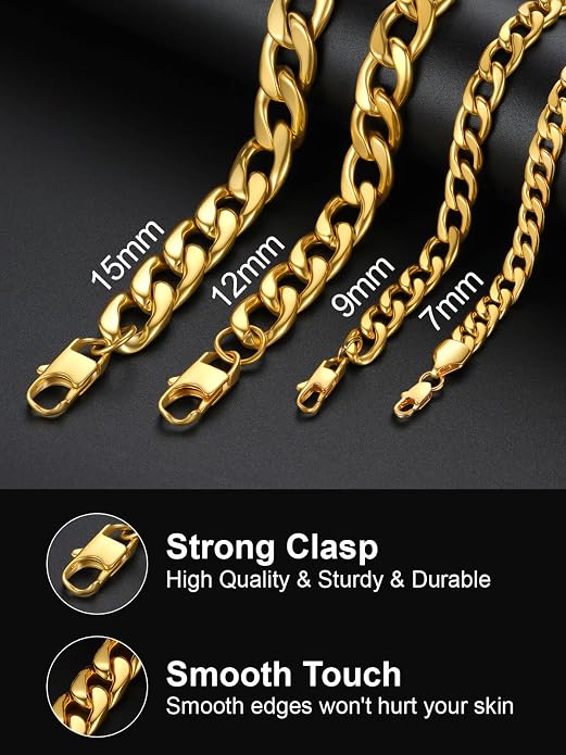 U7 Cuban Link Chain for Men Women Stainless Steel Curb Necklace, 7/9/12/15 MM Chunky Chain Silver/Gold/Black Mens Hip Hop Jewelry 18''-30''