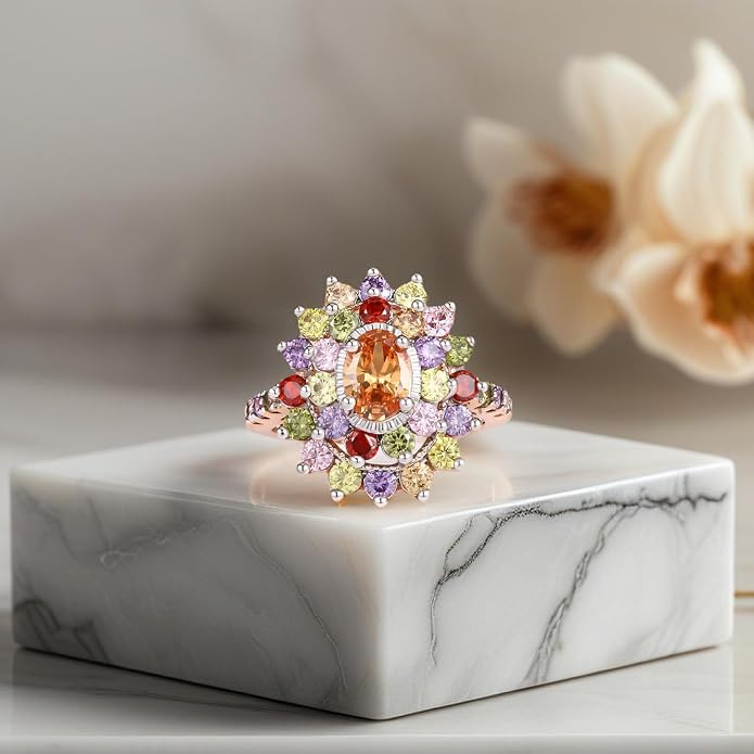 JIANGYUE Multicolor Cubic Zirconia Ring Rhodium Rose Gold Plated Multi-Stone Ring for Women Fashion Jewelry