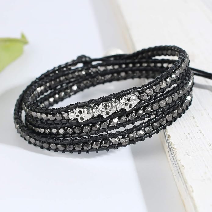 KELITCH Skull 3 Wrap Leather Bracelet Punk Beaded Bracelets Stackable Gothic Bangle Bracelets