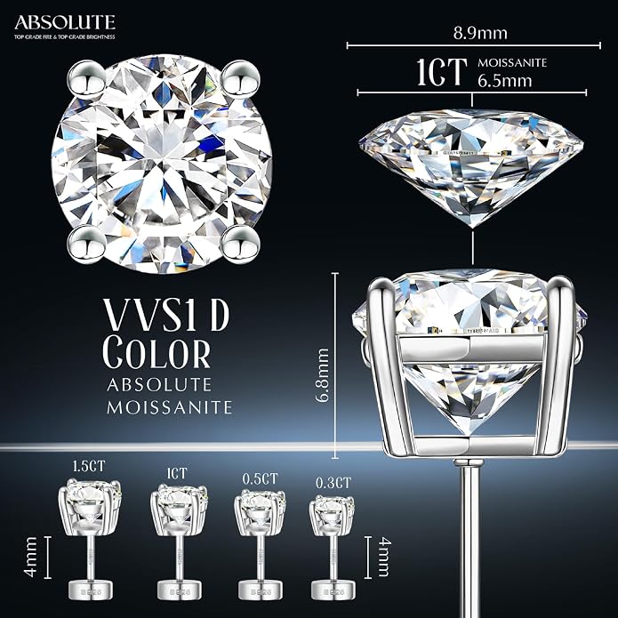 Moissanite Earrings, Hypoallergenic Flat Back Earrings for Women Men, Screw On Studs 925 Sterling Sliver Cartilage Earring for Sensitive Ears 4mm Short Post