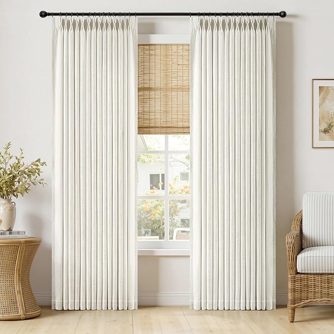 MIULEE Pinch Pleated Thick Linen Curtains 90 Inches Long 2 Panels for Living Room Bedroom, Linen Texture Memory Trained Drapes Pinch Pleat Light Filtering Neutral Ivory Cream Farmhouse Window Curtains