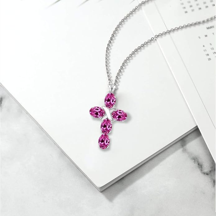 Gem Stone King Cross Pendant Necklace for Women | 925 Sterling Silver | 6X4MM Gemstone Birthstone | Jesus Christian Religious Crucifix Jewelry Gifts | 18 Inch Chain