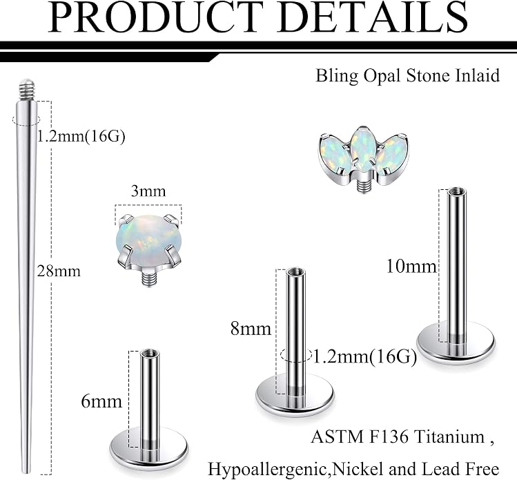 Ruifan Titanium Flat Back Lip Rings Internally Threaded Earrings Studs Nose Rings 16G Opal CZ Tragus Cartilage Lobe Rook Helix Conch Labret Medusa Piercing Jewelry for Women Men W Piercing Taper Set