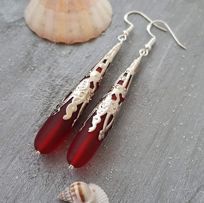 Handmade Sea Glass Earrings, Hawaiian Jewelry for Women, Long Teardrop Earrings Beach Jewelry, Sea Glass Jewelry For Women Birthday Gift For Her