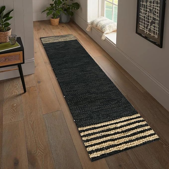 GRUHUM Jute Runner Rug 2'6"x 6' ft Natural Fiber Leather Black Jute Area Rug Handwoven Boho Farmhouse Braided Rustic Vintage Ecofriendly Indoor Rugs for Kitchen Living Room Bedroom Hallways Entryways