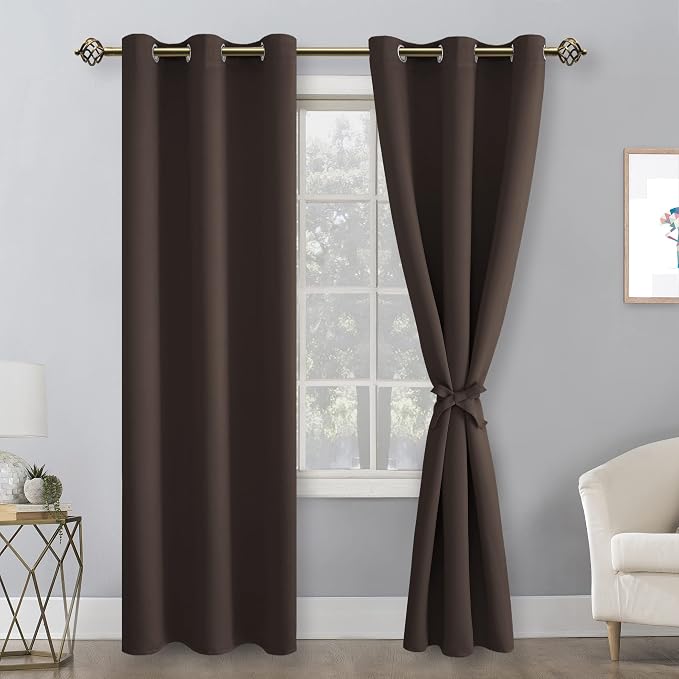 Hiasan Blackout Curtains for Bedroom and Living Room, Thermal Insulated, Noise Reducing Window Curtain Panels, Tiebacks Included, Set of 2, Grommet Top (Brown, Width 38 Inch x Length 72 Inch)