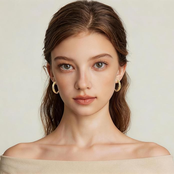 14K Yellow Gold Hoop Earrings for Women 4.4mm*25mm Trendy Diamond Cut Textured Hinged Hoops with Unique Faceted Pattern, Hypoallergenic Chunky Jewelry Gift