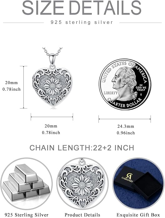 Locket Pendant Necklace for Women, 925 Sterling Silver Dainty Photo Necklace, Christmas Valentine's Day Mother's Day Memorial Jewelry Gifts (With Gift box)