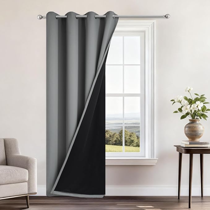 Yakamok Grey 100% Blackout Patio Door Curtain Panels W70x L84, 1 Panel | Noise Reducing Barrier Panel for Sliding Glass Door, 2 Thick Layers Heat Full Light Blocking Patio Door Drapery