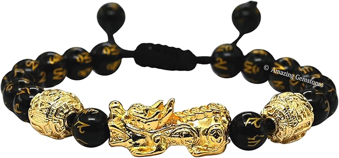 Amazing Gemstone Black Obsidian Pixiu Bracelet for Women Men's Gifts - Protection Healing Crystal Bracelet - 8mm Gemstone Beaded Adjustable Bracelet Pulseras para Hombres Mujer Stocking Stuffers