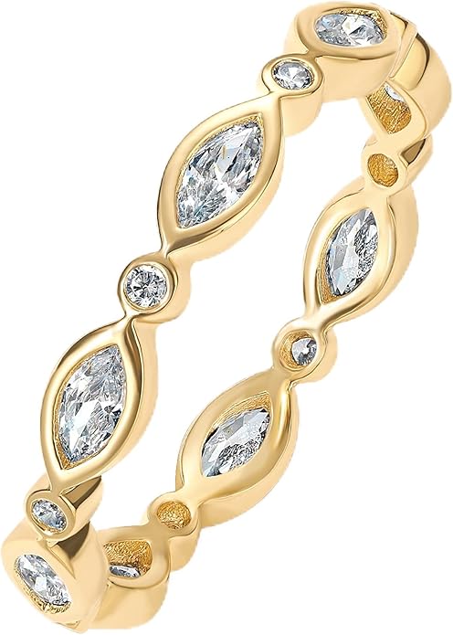 PAVOI 14K Gold Plated Cubic Zirconia Stackable Ring | Marquise Eternity Band For Women | Plated Gold Stacking Ring