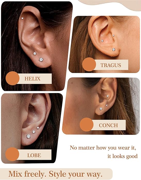 3 Pairs Moissanite Flatback Stud Earrings for Women, 925 Sterling Silver Hypoallergenic Flat Back Cartilage Earrings Set, 18K White Gold Plated