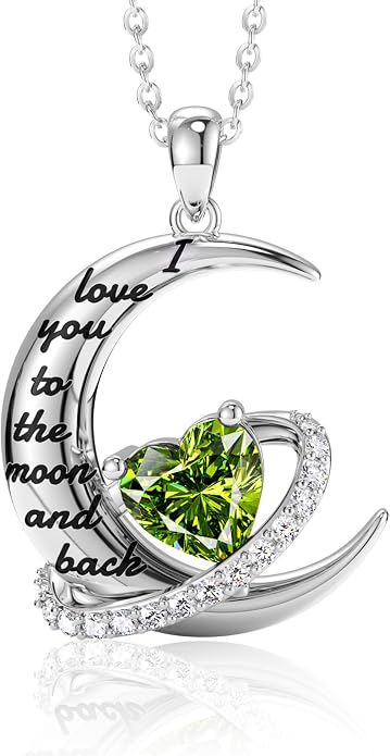Distance I Love You to The Moon and Back Necklace for Women, S925 Sterling Silver Forever Love Heart Birthstone Necklace, Anniversary Birthday Jewelry for Wife Lover