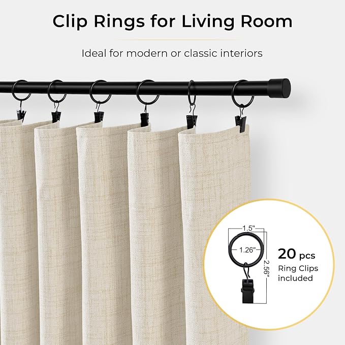 INOVADAY 100% Blackout Curtains for Bedroom, Cream Black Out Curtains 63 Inch Long, Clip Rings Linen Blackout Drapes, Thermal Insulated Room Darkening for Living Room, 2 Panels - W50xL63