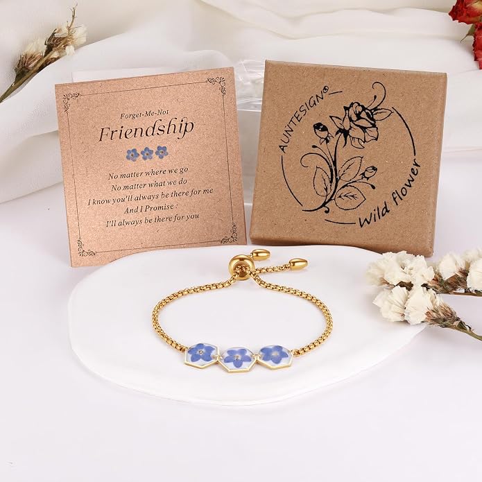 AUNTESIGN Forget-Me-Not Pressed Wildflower Bracelet | Pressed Flower Bracelet | Gold/Silver Pressed Flower Jewelry | Personalized Handmade Jewelry | Gift For Women