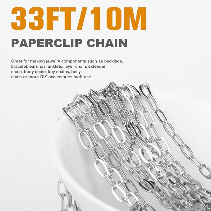 [33 Ft] Stainless Steel Paperclip Chains Roll, 3.3 * 7mm Width 304 Stainless Steel Oval Link Chains Spool Bulk for Jewelry Making
