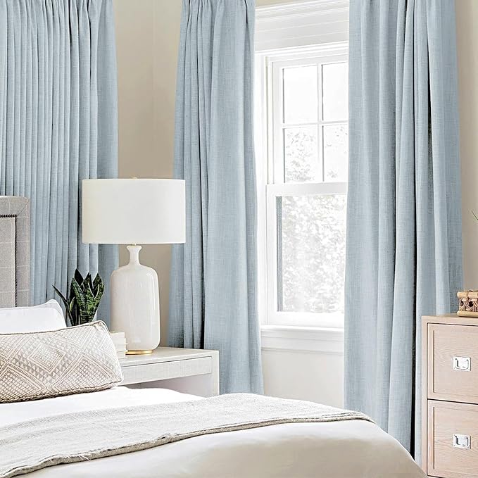 MIULEE 100% Blackout Linen Textured Curtains for Bedroom Solid Thermal Insulated Chambray Blue Grommet Room Darkening Curtains & Drapes Luxury Decor for Living Room 52 x 108 Inch (2 Panels)