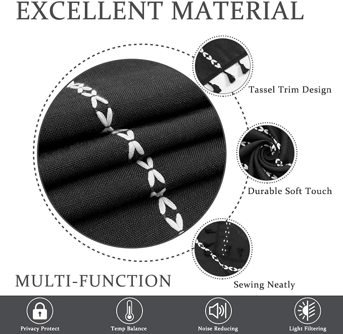 ColorBird Black Linen-Textured Boho Curtains 84 Inches Long for Bedroom Living Room 2 Panels Linen Curtain & Drape Room Darkening Embroidered Striped Window Treatment