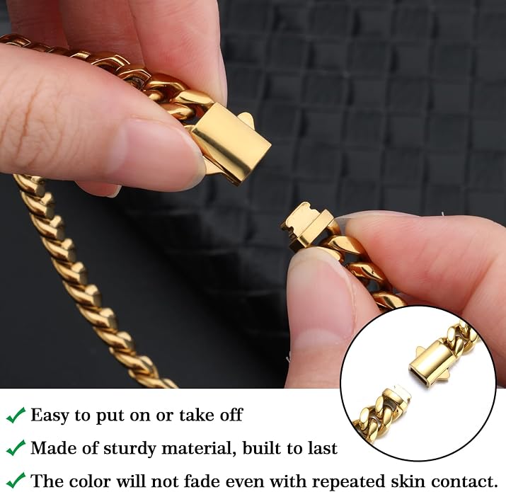 Saintda 8mm Miami Cuban Link Bracelet for Men - 18K Real Gold Plated 316L Stainless Steel Chain - Non-Tarnish Hypoallergenic Curb Link Bracelet Jewelry Gift for Him, 7/8/9 Inch