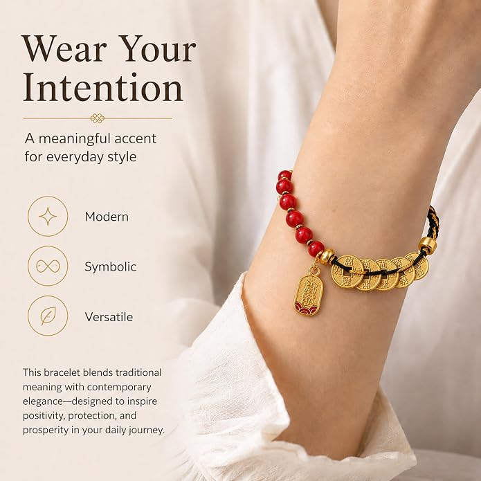 Feng Shui Bracelet with Five Emperor Coins, Beads Amulet for Wealth & Good Luck, Spiritual Protection Jewelry, Adjustable Ha