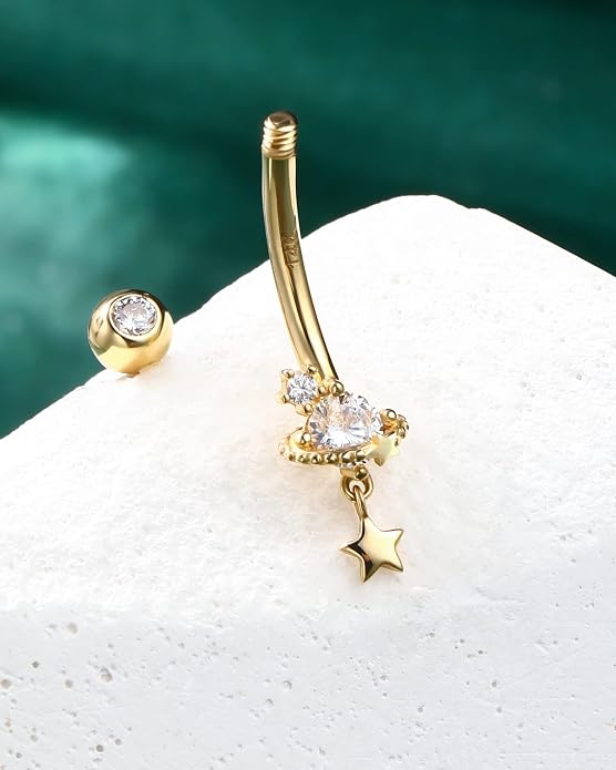 COCHARM 14K Gold Belly Button Rings Saturn Star 14K Yellow Gold Belly Rings for Women 10MM 14k Gold Barbell 14k Belly Navel Belly Piercing Jewerly