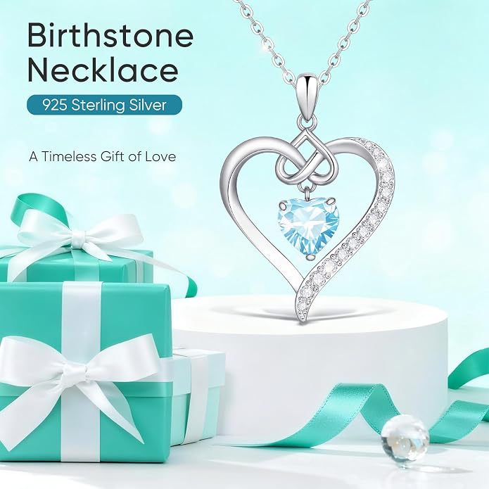 925 Sterling Silver Birthstone Heart Necklace for Women - Infinity Love Pendant with Cubic Zirconia, 12 Colors, Valentine's Day Gift for Her, 12 Months, Birthday Anniversary Christmas Jewelry Gifts