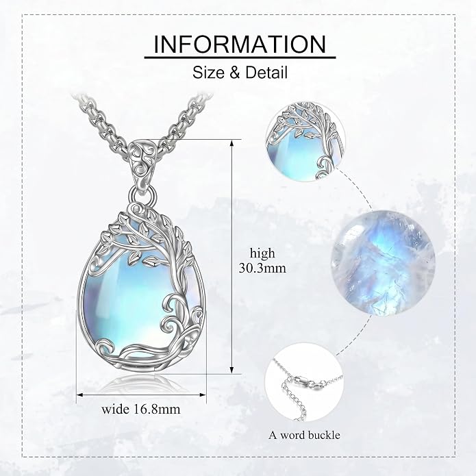 Teardrop Moonstone Necklace for Women Tree of Life/Filigree Birthstone Pendant Necklace Jewelry