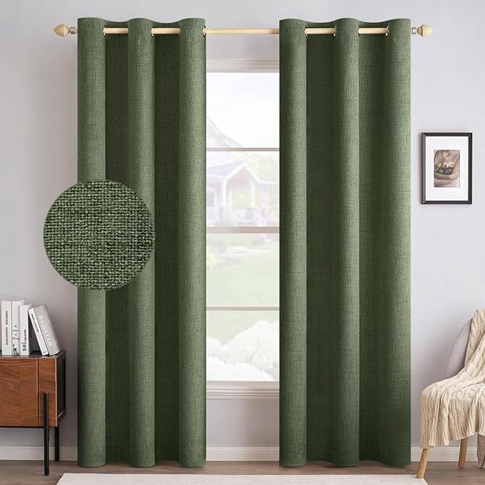MIULEE 100% Blackout Linen Textured Curtains for Bedroom Solid Thermal Insulated Olive Green Grommet Room Darkening Curtains & Drapes Luxury Decor for Living Room 42 x 90 Inch (2 Panels)