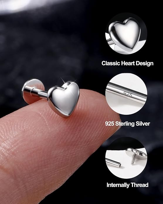 Jewseen 16G Internally Threaded Helix Piercing Jewelry Heart Flat Back Cartilage Stud 925 Sterling Silver Tragus Helix Earrings Heart Nose Lip Piercing Jewelry for Women Men