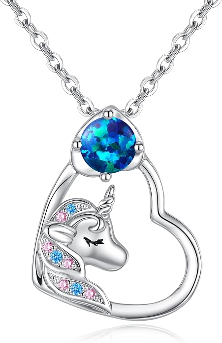 CDE Christmas Gift for women Cute Unicorn Birthstone Necklace for Girls Daughter 925 Sterling Silver Opal Heart Pendant Graduation Birthday Christmas Jewelry Gift for Teenage Girls Niece