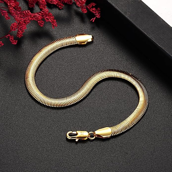 18K Gold Plated Snake Chain Bracelet for Men and Women, 6mm Flat Flexible Chain, Smooth Herringbone Style, Hypoallergenic Jewelry for Daily Wear, Minimalist Gift
