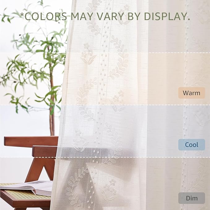 jinchan Floral Linen Curtains 96 Inch Farmhouse Back Tab 2 Panels White | Embroidered curtains,boho curtains,living room,bedroom,light filtering,privacy,flower patterned drapes,window treatment