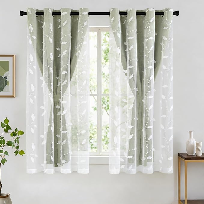 MIULEE Double Layer Curtains 63 Inches Long, White Leaf Patterned Sheer Floral Drapes and Sage Green Blackout Room Darkening Curtains for Living Room Bedroom, Grommets Top, 52" W x 63" L, 2 Panels