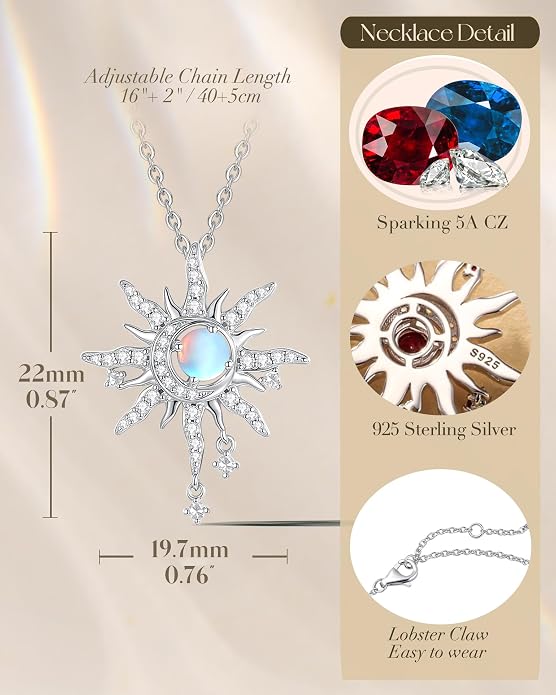 FANCIME Soluna Nexus Necklace for Women Sterling Silver Moon Jewelry Sun Pendant Fine Jewelry Gemstone Birthday Mothers Day Gifts for Wife