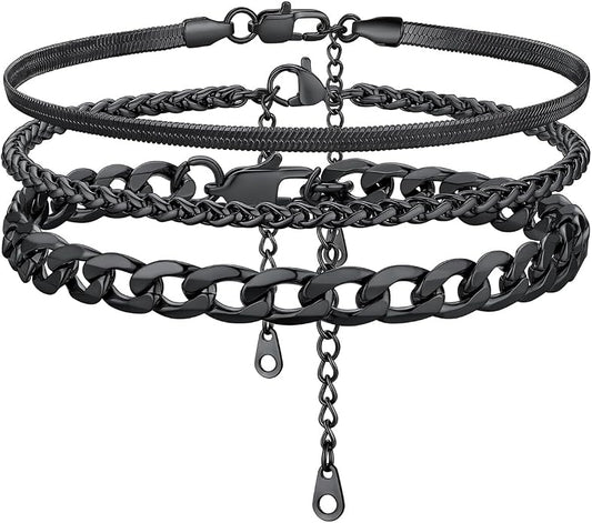 KeyStyle Paperclip Ankle Bracelets for Women, 14k Gold Plated Cuban Chain Rope LInk Anklets Sets, Stainless Steel Figaro Layered Anklet Pack Summer Jewelry(2PCS, 3PCS)