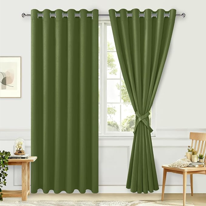 Hiasan Room Darkening Curtains for Bedroom, 70 x 84 Inches - Thermal Insulated & Energy Saving Window Drapes for Living Room/Dorm Room, Set of 2 Panels Sewn with Tiebacks, Olive Green