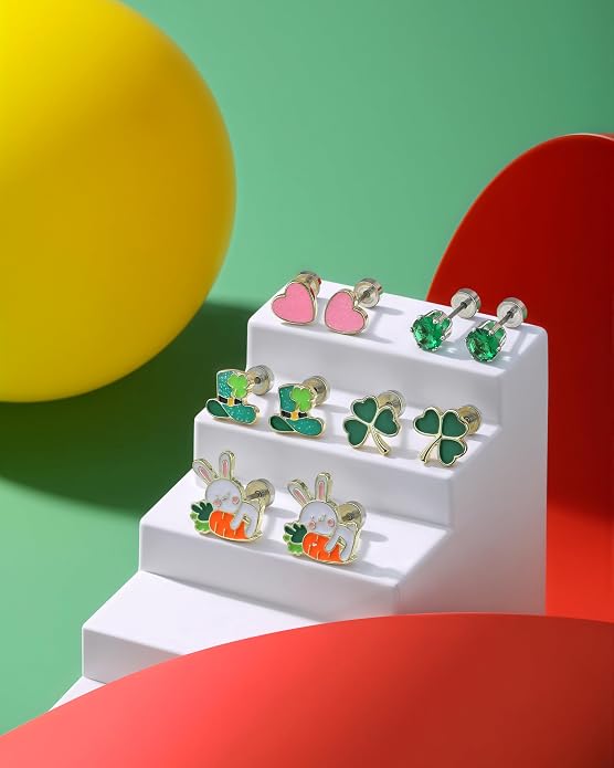 18 Pairs Hypoallergenic Flat Back Holiday Earrings Set for Girls Women Valentine's Day St Patricks Day Easter 4th of July Stud Earrings Halloween Christmas Fall Thanksgiving Screw Back Earrings Jewelry