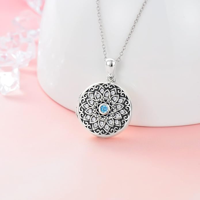 Round/Heart/Oval Shape Locket Necklace That Holds Pictures 925 Sterling Silver Personalized Birthstone Photos Engraved Locket Pendant Birthday Memorial Jewelry Gift for Women