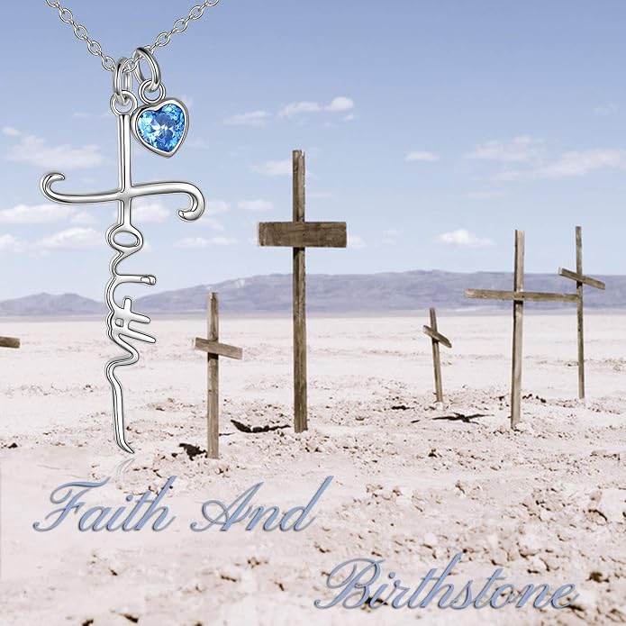 Faith Cross Necklace For Women Birthstone Sterling Silver with Simulated Birthstone Cross Jewelry Christian Gifts