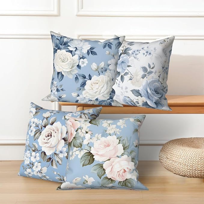 4 Pcs/Set Rose Flowers Pillow Covers Summer Floral Green Leaves Flowering Shrub Plants Natural Scenery Colorful Watercolor Linen Cushion Case for Outdoor Couch Sofa Bedroom, 18"x18"