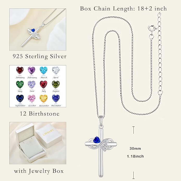 Infinity Butterfly Cross Necklace for Women 925 Sterling Silver Christian Religious Crucifix Pendant Birthstone Jewelry Gifts for Her